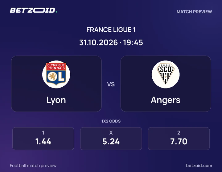 Lyon – Angers Lyon – Angers : présentation du match de Ligue 1 avec les logos des équipes et l’horaire du coup d’envoi.