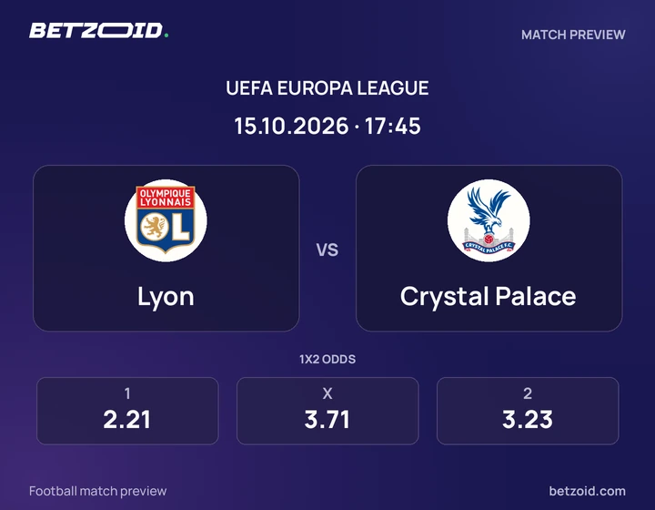 Lyon – Crystal Palace Lyon – Crystal Palace : présentation du match de Ligue Europa avec les logos des équipes et l’horaire du coup d’envoi.