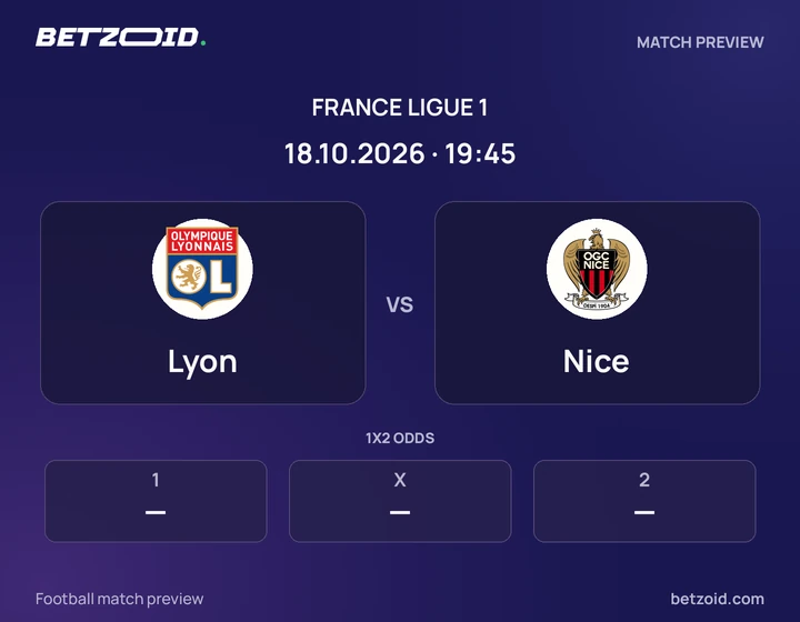 Lyon - Nice Lyon vs Nice: France Ligue 1 match preview with team badges and kick-off details.