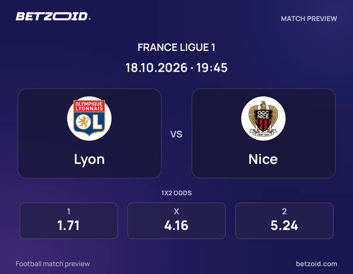 Lyon – Nice Lyon – Nice : présentation du match de Ligue 1 avec les logos des équipes et l’horaire du coup d’envoi.