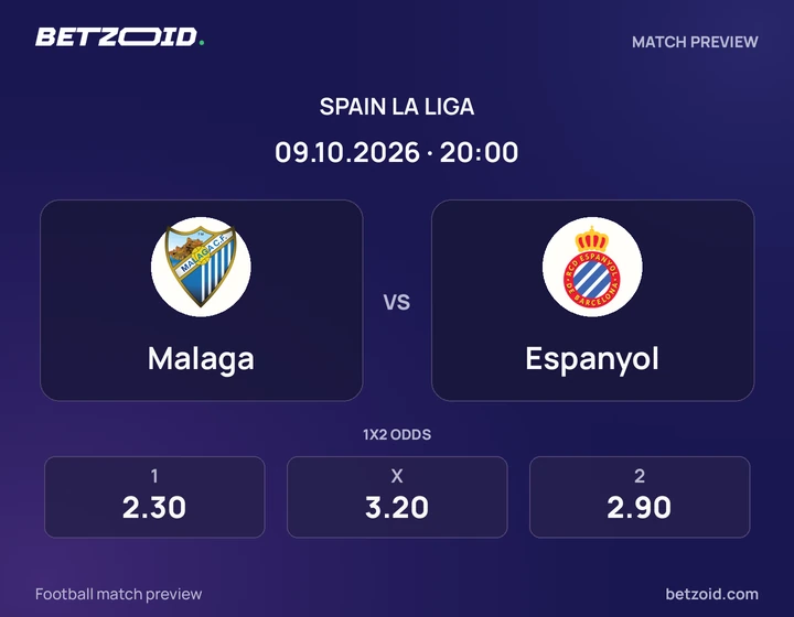 Malaga - Espanyol Malaga vs Espanyol: Spain La Liga match preview with team badges and kick-off details.