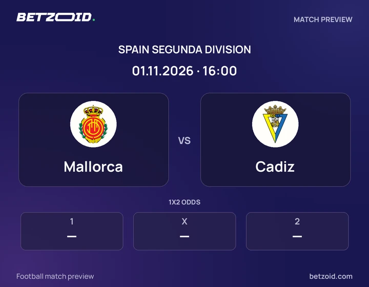 Mallorca - Cadiz Mallorca vs Cadiz: Spain Segunda Division match preview with team badges and kick-off details.