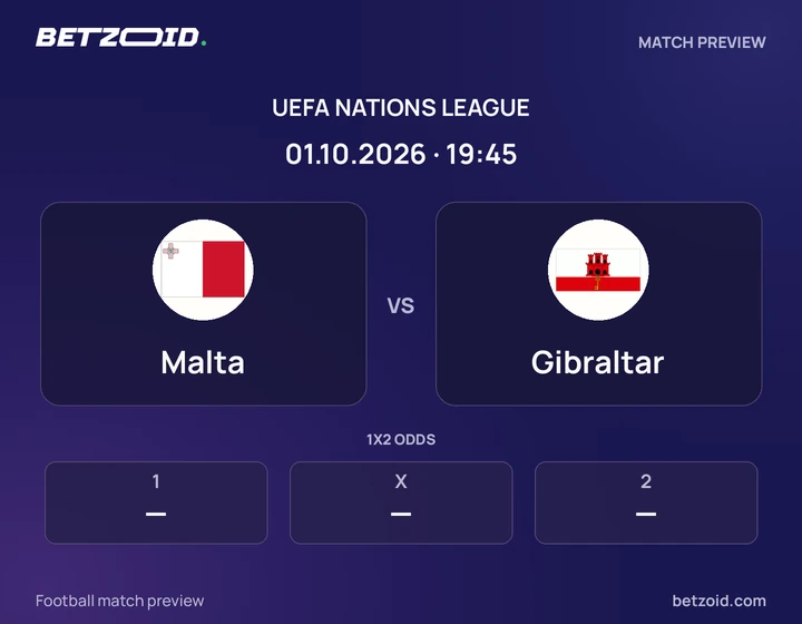 Malta vs Gibraltar: UEFA Nations League match preview with team badges and kick-off details.