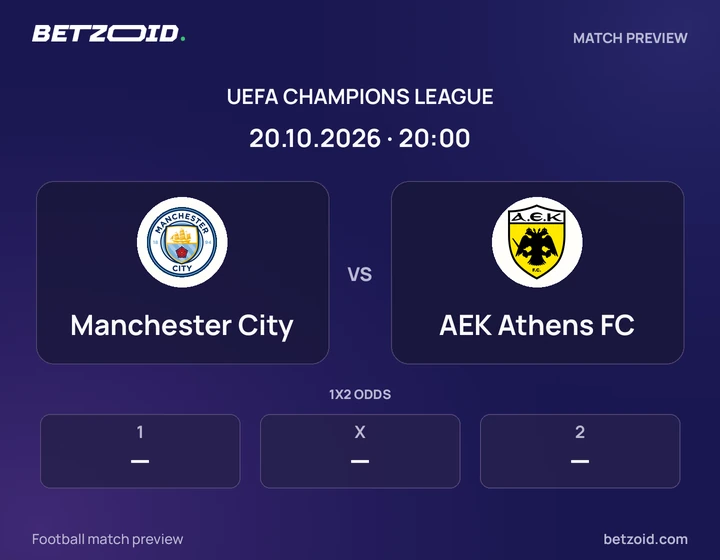Manchester City - AEK Athens FC Manchester City vs AEK Athens FC: UEFA Champions League match preview with team badges and kick-off details.