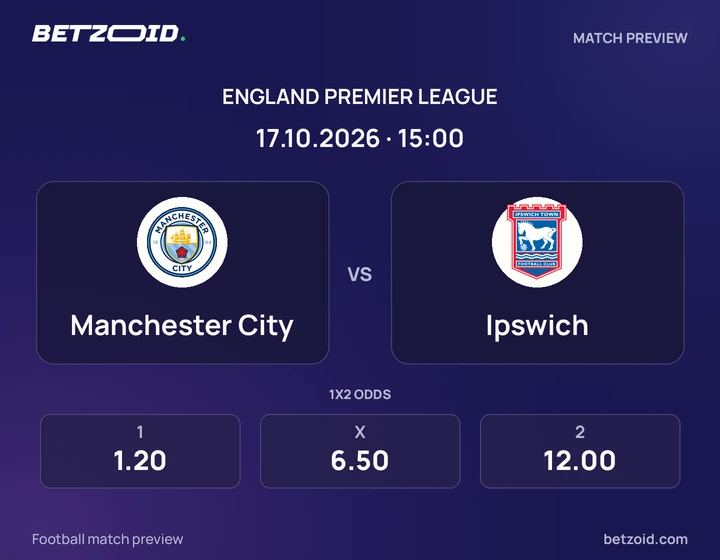 Manchester City vs Ipswich: England Premier League match preview with team badges and kick-off details.