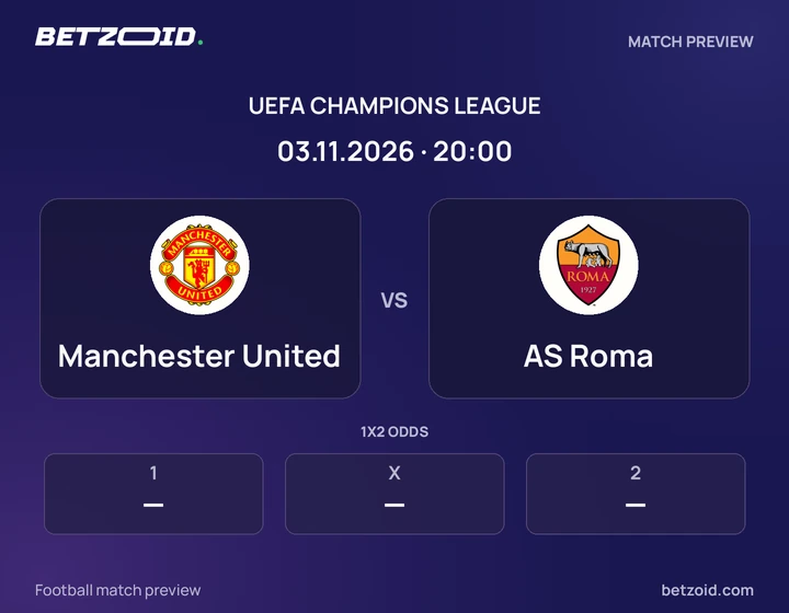 Manchester United vs AS Roma: UEFA Champions League match preview with team badges and kick-off details.