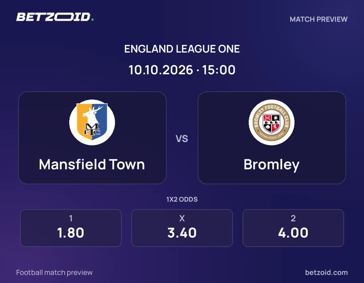 Mansfield Town vs Bromley: England League One match preview with team badges and kick-off details.
