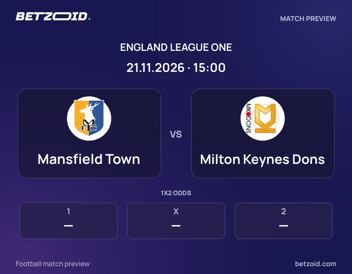 Mansfield Town vs Milton Keynes Dons: England League One match preview with team badges and kick-off details.