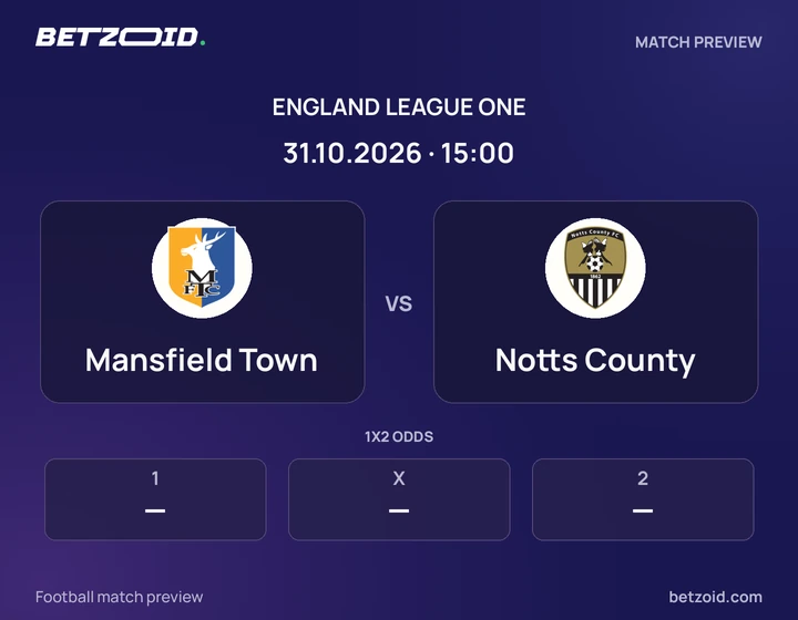 Mansfield Town vs Notts County: England League One match preview with team badges and kick-off details.