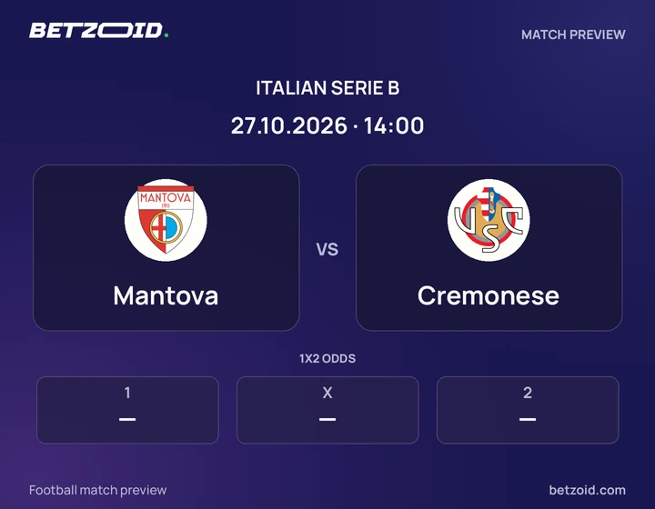 Mantova - Cremonese Mantova vs Cremonese: Italian Serie B match preview with team badges and kick-off details.