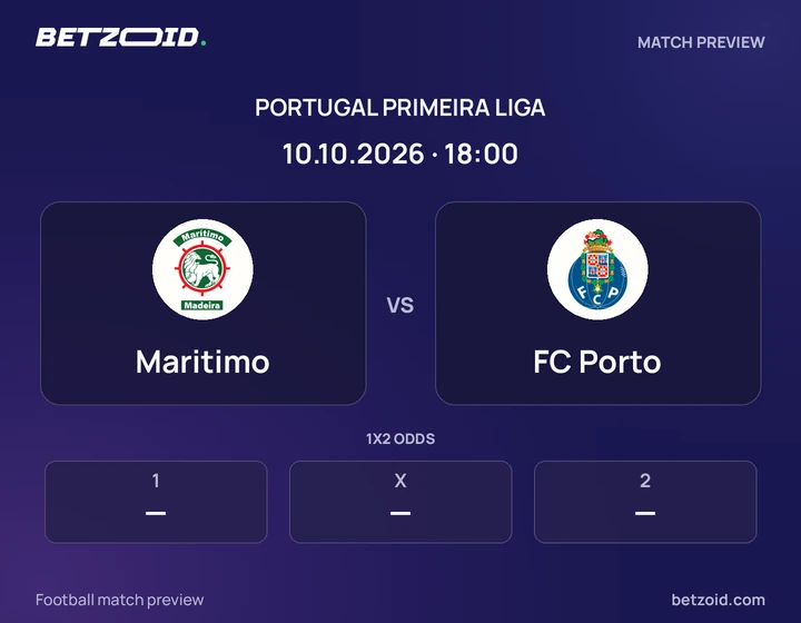 Maritimo vs FC Porto: Portugal Primeira Liga match preview with team badges and kick-off details.