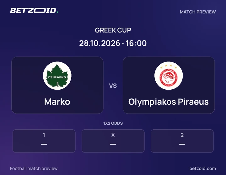 Marko vs Olympiakos Piraeus: Greek Cup match preview with team badges and kick-off details.