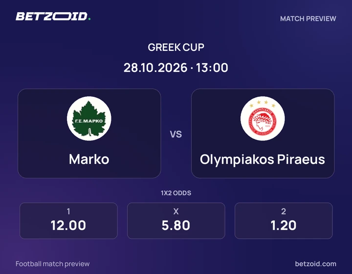 Marko - Olympiakos Piraeus Marko vs Olympiakos Piraeus: Greek Cup match preview with team badges and kick-off details.