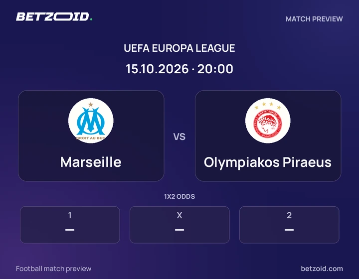 Marseille vs Olympiakos Piraeus: UEFA Europa League match preview with team badges and kick-off details.