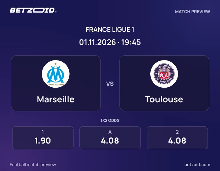 Marseille – Toulouse Marseille – Toulouse : présentation du match de Ligue 1 avec les logos des équipes et l’horaire du coup d’envoi.