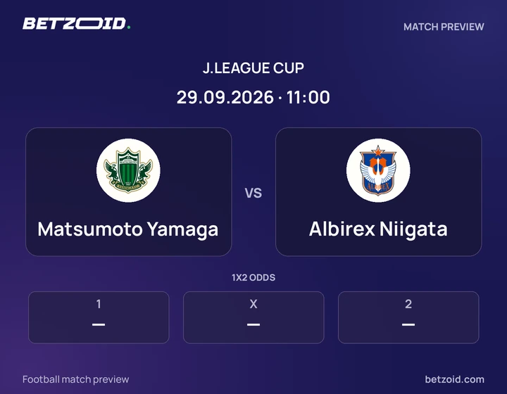 Matsumoto Yamaga vs Albirex Niigata: J.League Cup match preview with team badges and kick-off details.