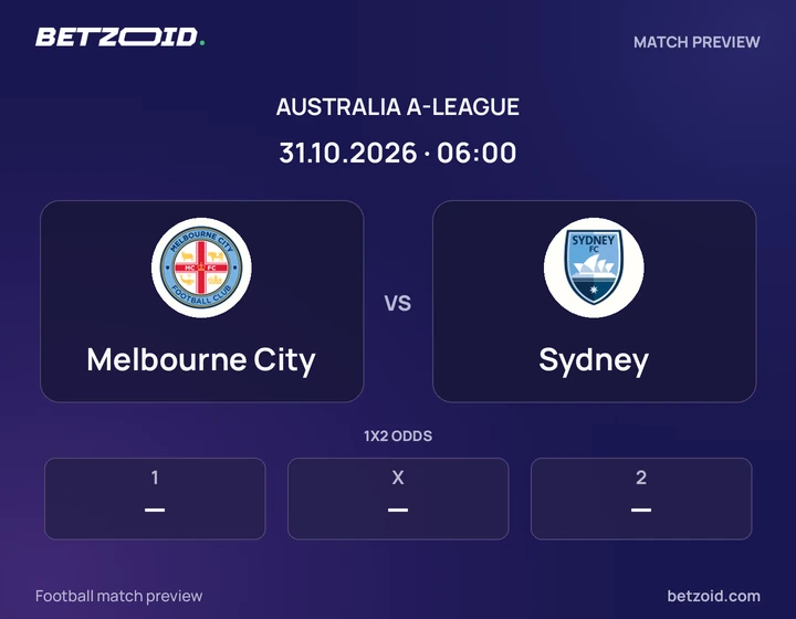 Melbourne City vs Sydney: Australia A-League match preview with team badges and kick-off details.