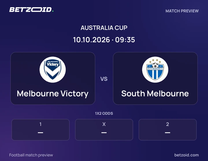 Melbourne Victory vs South Melbourne: Australia Cup match preview with team badges and kick-off details.