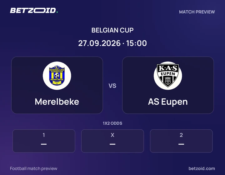 Merelbeke vs AS Eupen: Belgian Cup match preview with team badges and kick-off details.