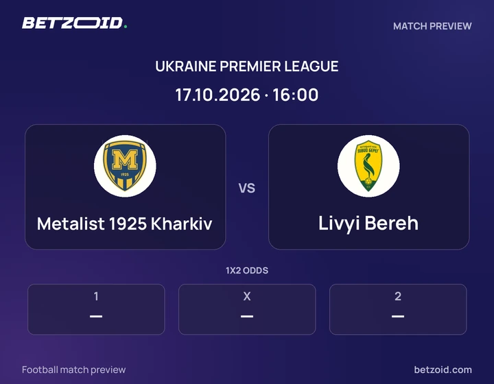Metalist 1925 Kharkiv vs Livyi Bereh: Ukraine Premier League match preview with team badges and kick-off details.