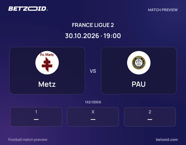 Metz vs PAU: France Ligue 2 match preview with team badges and kick-off details.