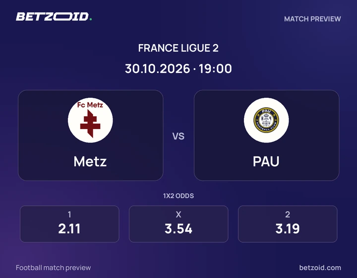 Metz - PAU Metz vs PAU: France Ligue 2 match preview with team badges and kick-off details.