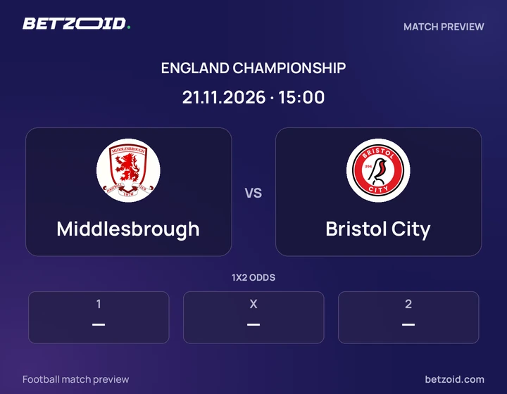 Middlesbrough vs Bristol City: England Championship match preview with team badges and kick-off details.