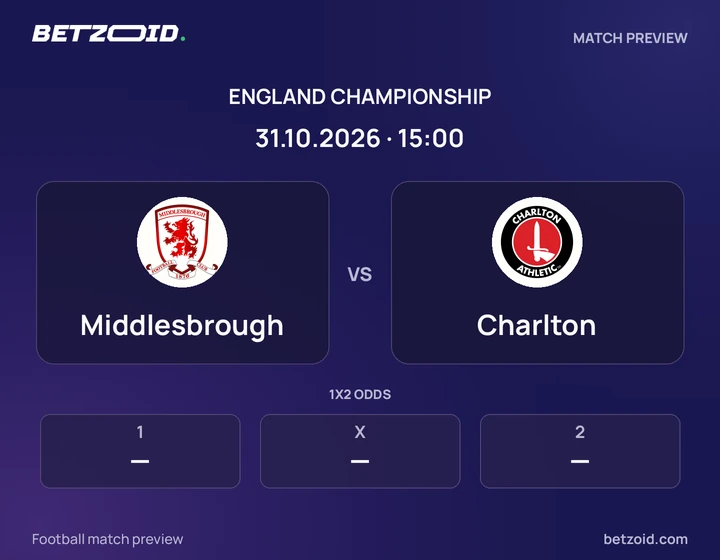 Middlesbrough vs Charlton: England Championship match preview with team badges and kick-off details.