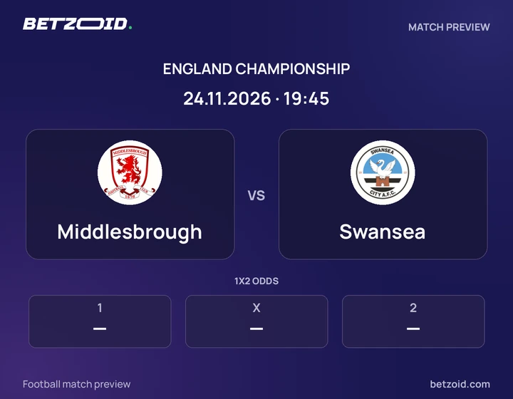 Middlesbrough vs Swansea: England Championship match preview with team badges and kick-off details.
