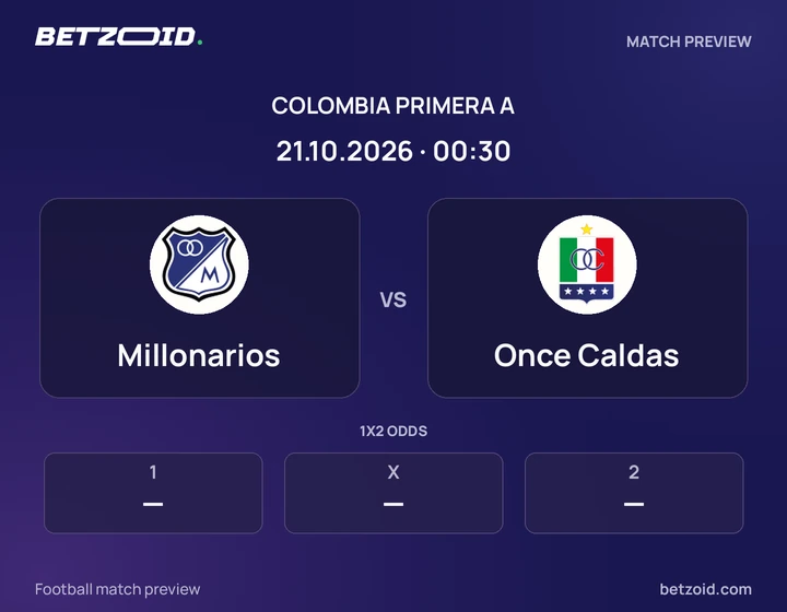 Millonarios - Once Caldas Millonarios vs Once Caldas: Colombia Primera A match preview with team badges and kick-off details.