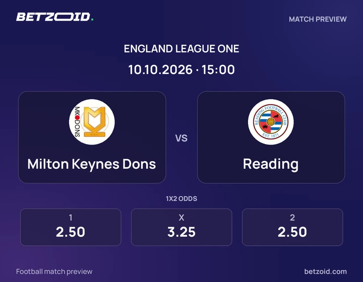 Milton Keynes Dons vs Reading: England League One match preview with team badges and kick-off details.
