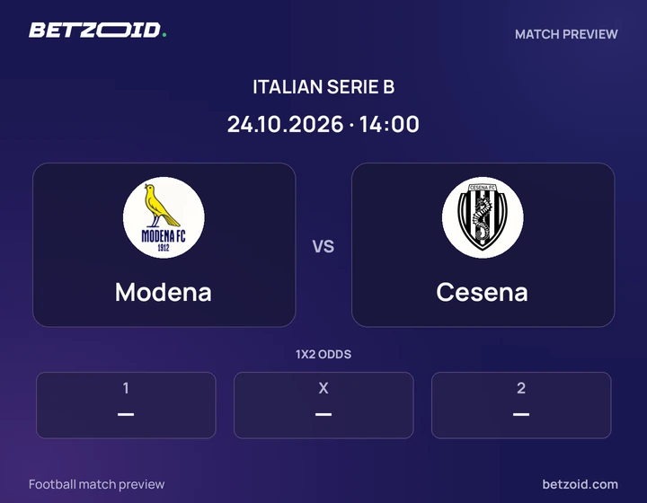 Modena vs Cesena: Italian Serie B match preview with team badges and kick-off details.