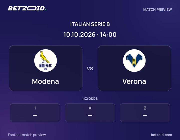 Modena vs Verona: Italian Serie B match preview with team badges and kick-off details.