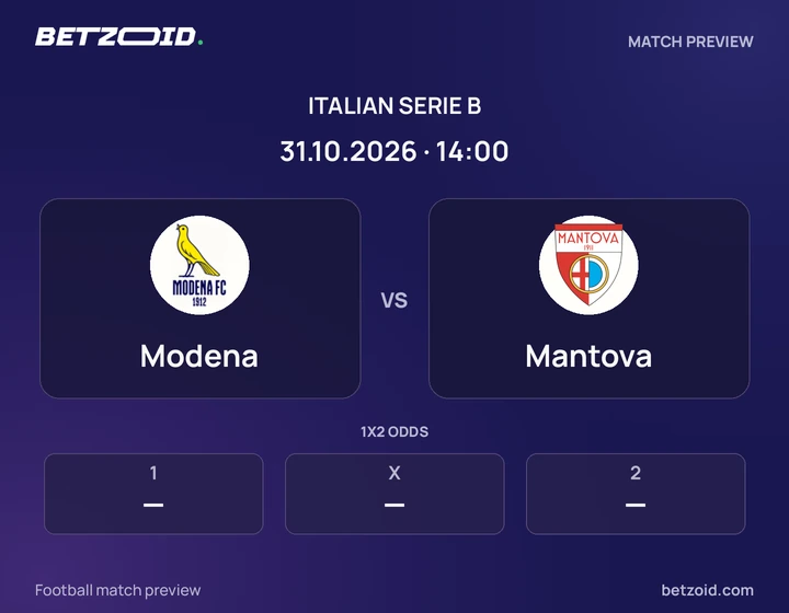 Modena vs Mantova: Italian Serie B match preview with team badges and kick-off details.