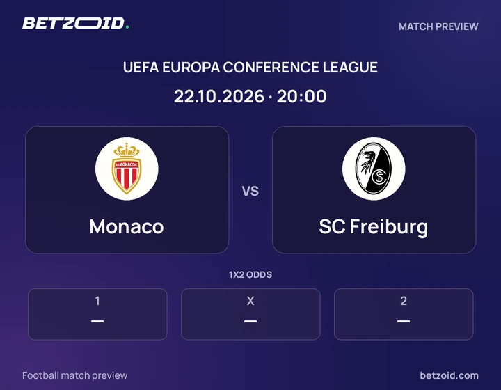 Monaco vs SC Freiburg: UEFA Europa Conference League match preview with team badges and kick-off details.