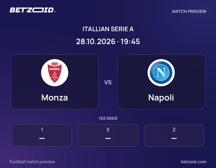 Monza vs Napoli: Itallian Serie A match preview with team badges and kick-off details.