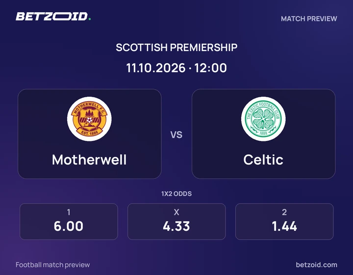 Motherwell vs Celtic: Scottish Premiership match preview with team badges and kick-off details.