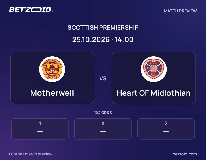 Motherwell vs Heart OF Midlothian: Scottish Premiership match preview with team badges and kick-off details.