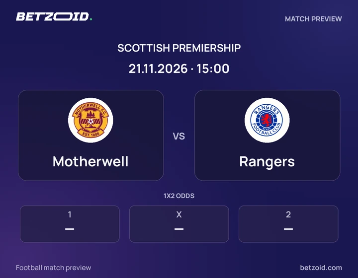 Motherwell vs Rangers: Scottish Premiership match preview with team badges and kick-off details.