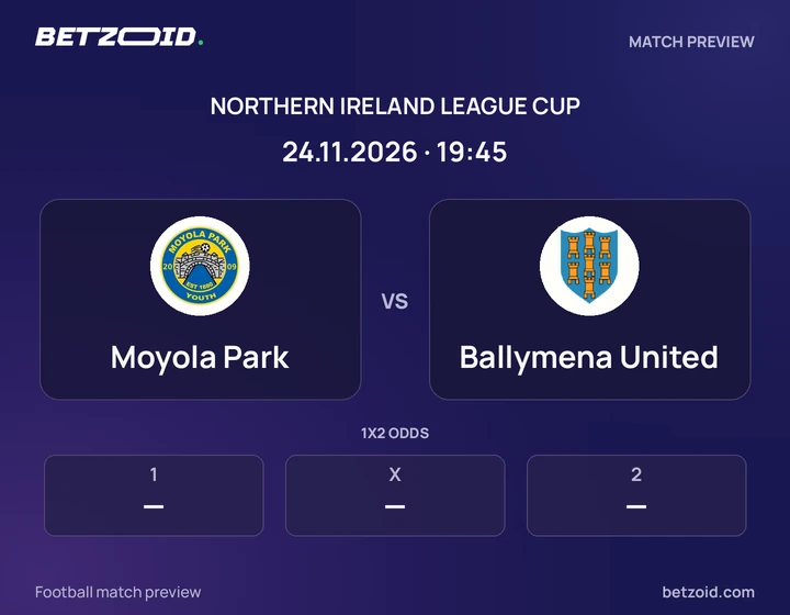 Moyola Park vs Ballymena United: Northern Ireland League Cup match preview with team badges and kick-off details.