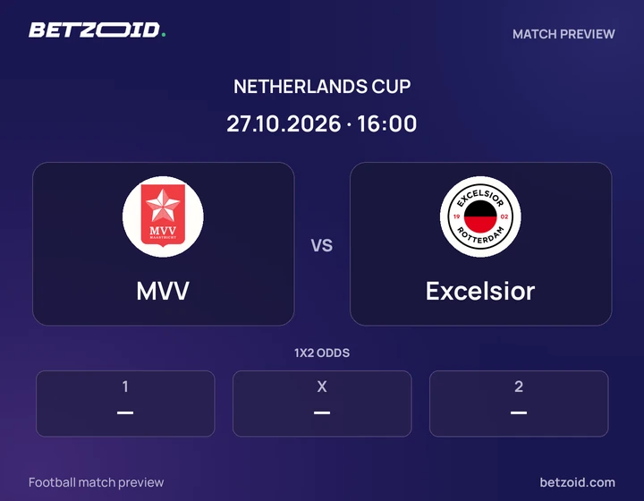 MVV vs Excelsior: Netherlands Cup match preview with team badges and kick-off details.