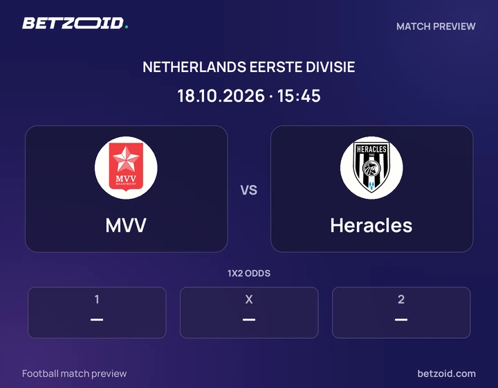 MVV vs Heracles: Netherlands Eerste Divisie match preview with team badges and kick-off details.