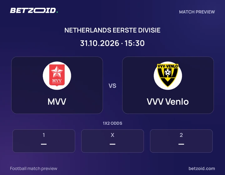 MVV vs VVV Venlo: Netherlands Eerste Divisie match preview with team badges and kick-off details.