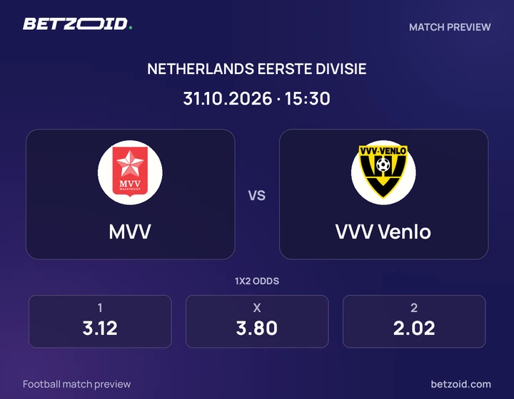 MVV - VVV Venlo MVV vs VVV Venlo: Netherlands Eerste Divisie match preview with team badges and kick-off details.