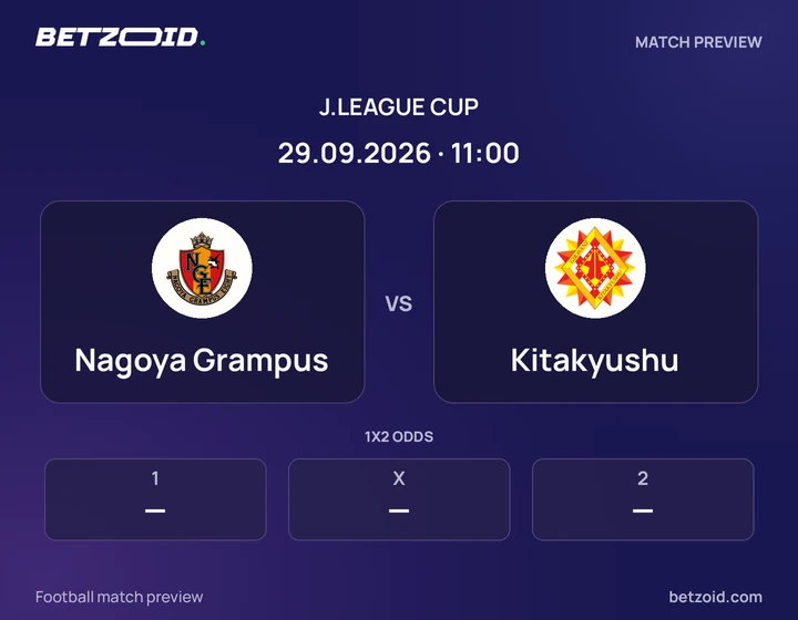 Nagoya Grampus vs Kitakyushu: J.League Cup match preview with team badges and kick-off details.