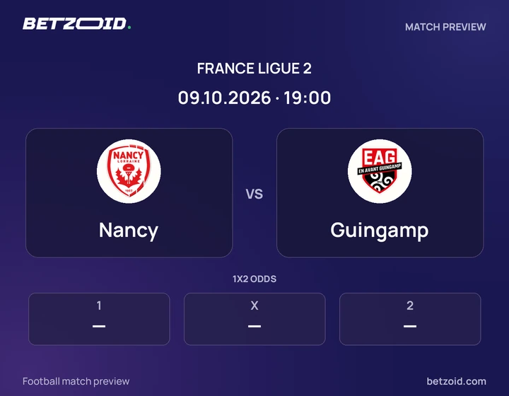 Nancy vs Guingamp: France Ligue 2 match preview with team badges and kick-off details.