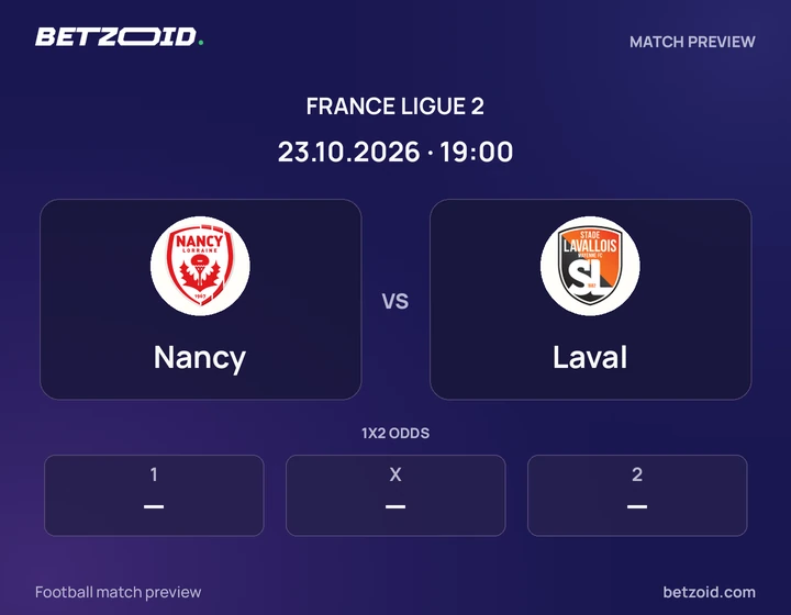Nancy vs Laval: France Ligue 2 match preview with team badges and kick-off details.
