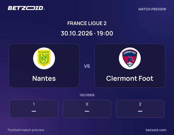 Nantes vs Clermont Foot: France Ligue 2 match preview with team badges and kick-off details.