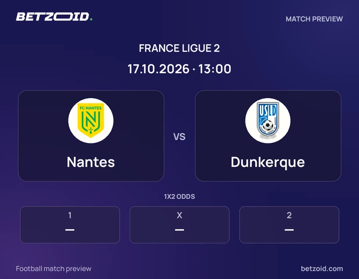 Nantes vs Dunkerque: France Ligue 2 match preview with team badges and kick-off details.