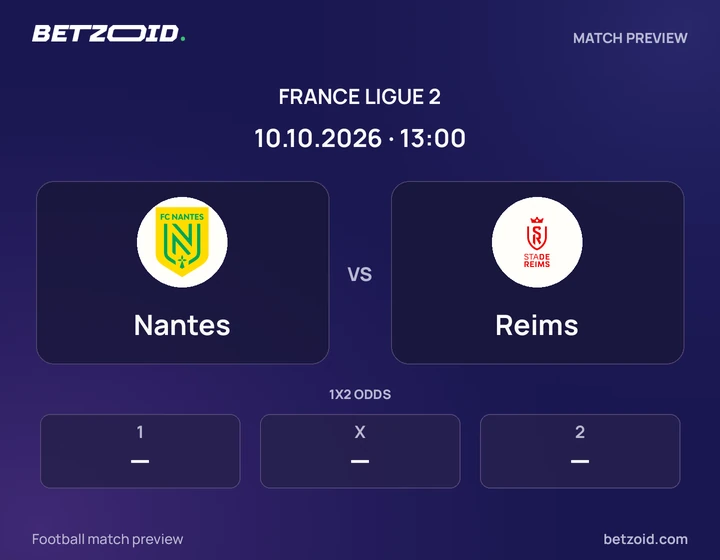 Nantes - Reims Nantes vs Reims: France Ligue 2 match preview with team badges and kick-off details.